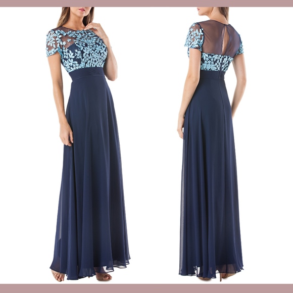 NWT‎ $298 JS Collections Embroidered Illusion Bodice Gown Navy [SZ 14P ]